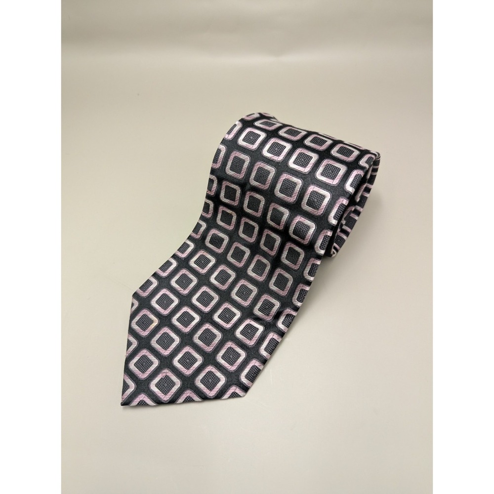 Saxony Collection Men's 100% Silk Tie Black Pink Geometric Square Necktie